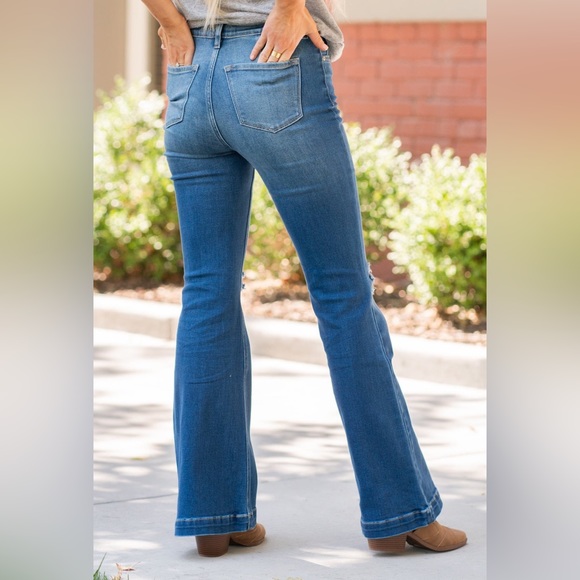 New KanCan Button Fly Flare Leg Jeans 31” Inseam Distressed High Rise - Picture 8 of 12